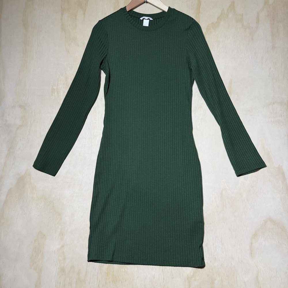 H&M Ribbed Bodycon Midi‎ Dress Women's Medium Green Long Sleeve Stretch Casual